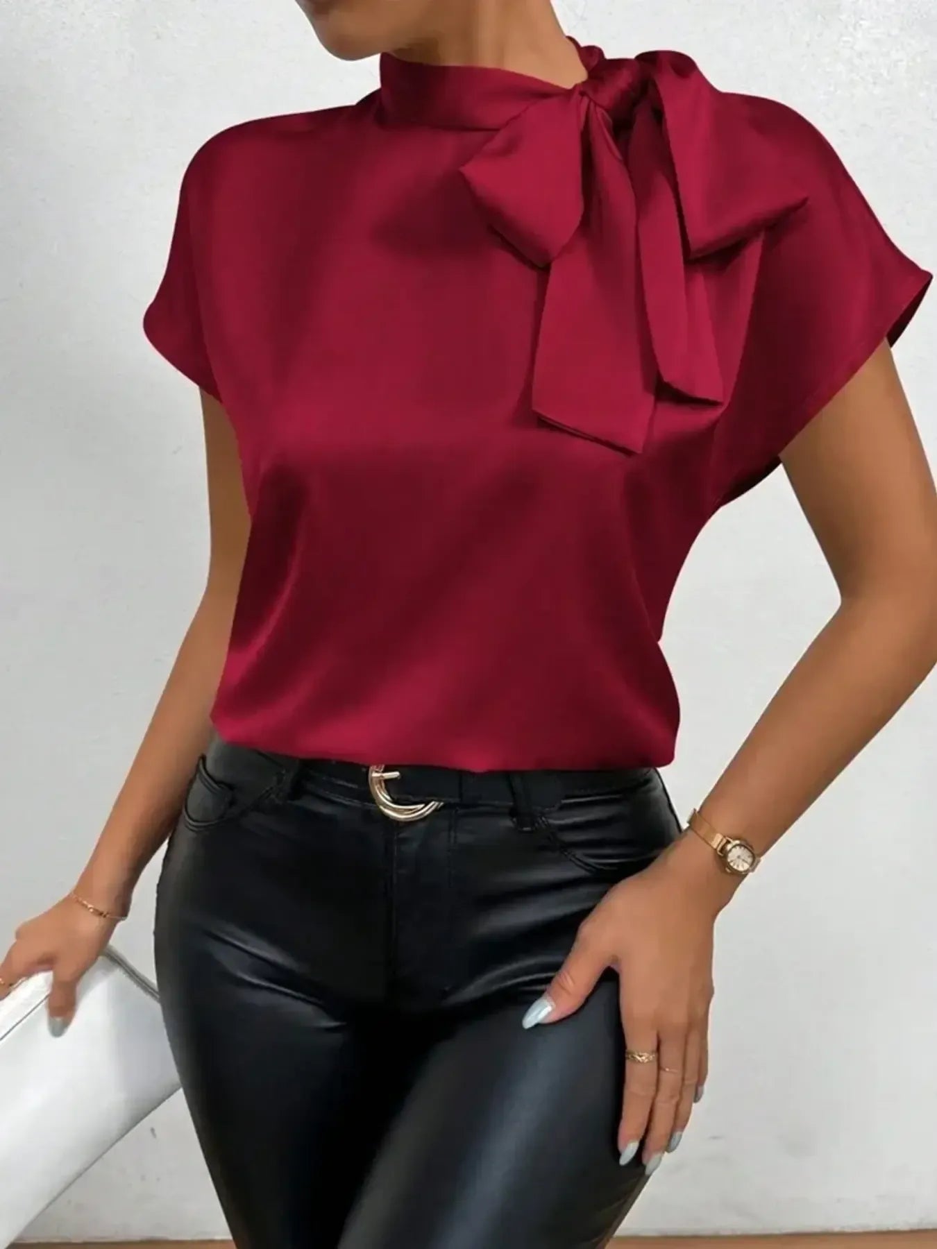 Satin Bow Tie Neck Blouse - LODIMAE FASHION 
