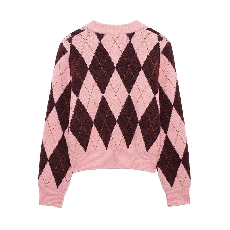 Women Fashion Plaid Single Breasted Knitted Sweater - LODIMAE FASHION 