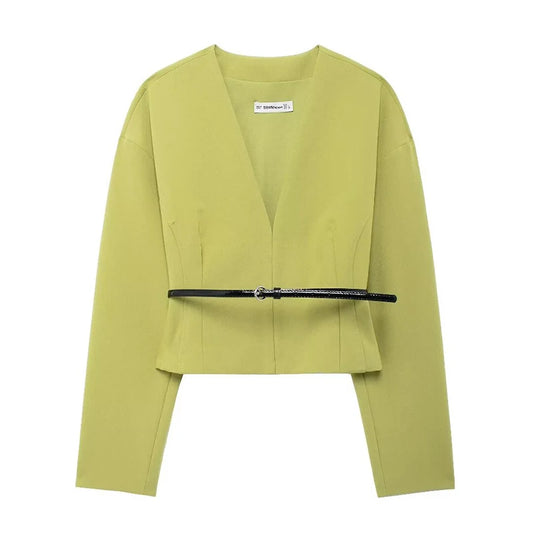 Women Fashion With Belt Green Cropped Blouse Vintage V-Neck Long Sleeves - LODIMAE FASHION 