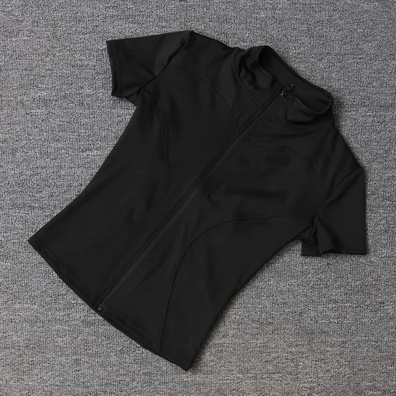 Summer High Quality Waist Slimming Training Tops Women's Quick-drying Tight Stand Collar Full Zipper Short Sleeves Yoga shirts - LODIMAE FASHION 