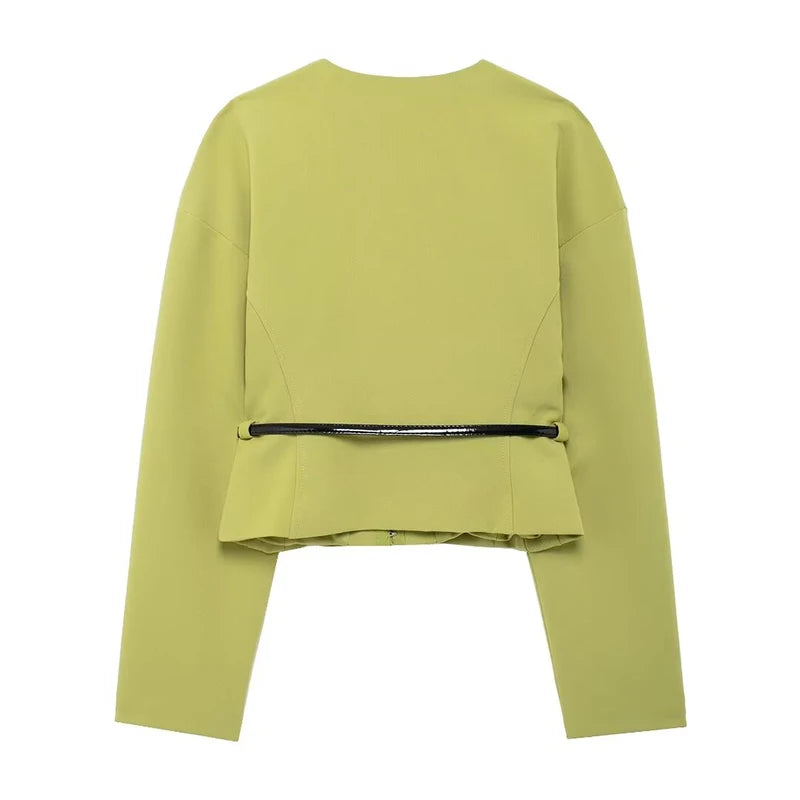 Women Fashion With Belt Green Cropped Blouse Vintage V-Neck Long Sleeves - LODIMAE FASHION 