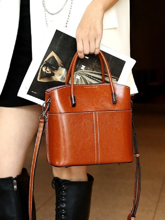 Women's Cowhide Leather Bucket Bag - Genuine Leather Shoulder Bag for Ladies - LODIMAE FASHION 