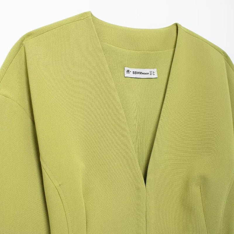 Women Fashion With Belt Green Cropped Blouse Vintage V-Neck Long Sleeves - LODIMAE FASHION 