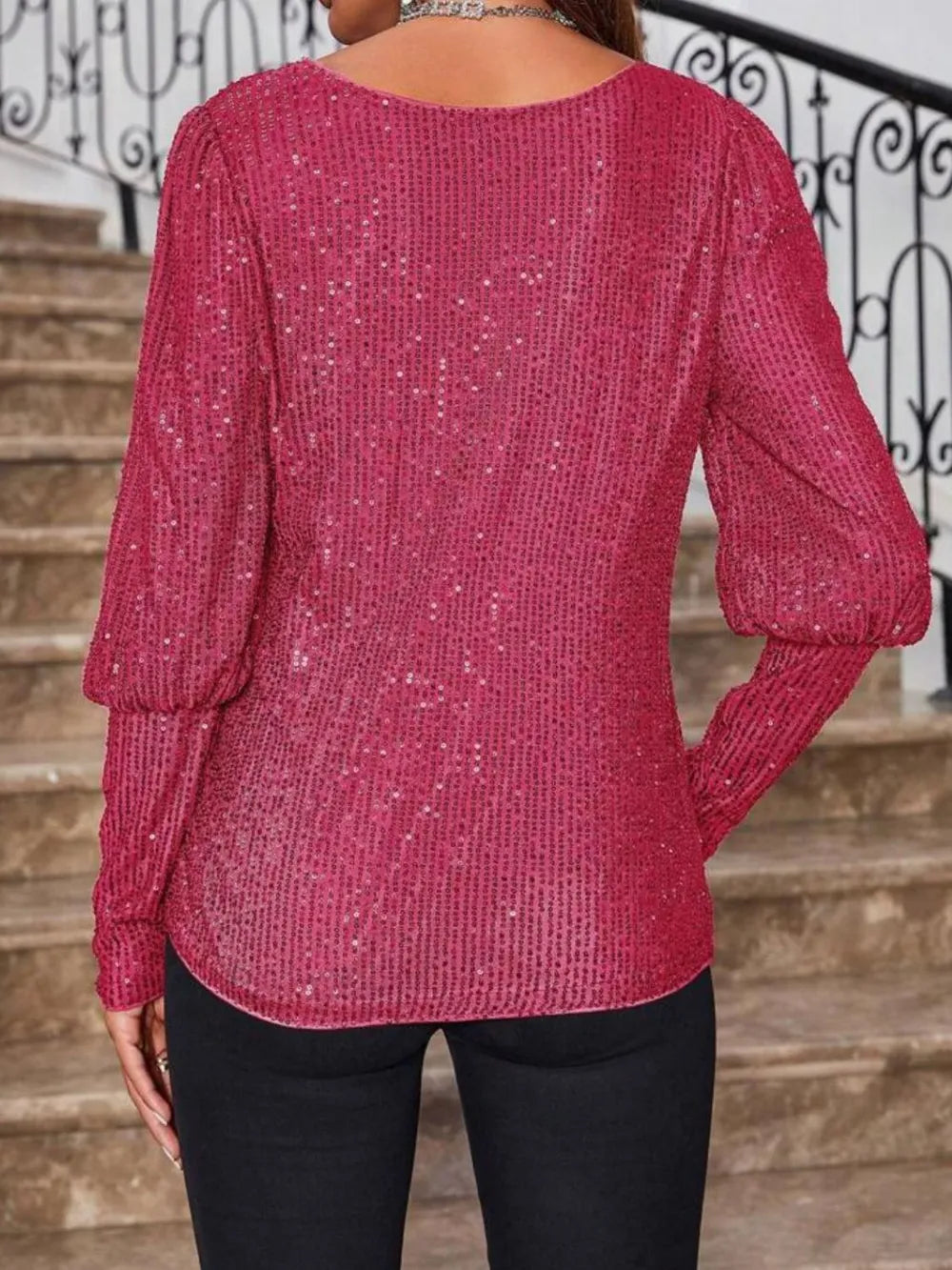 Sequin Boat Neck Long Sleeve Top - LODIMAE FASHION 