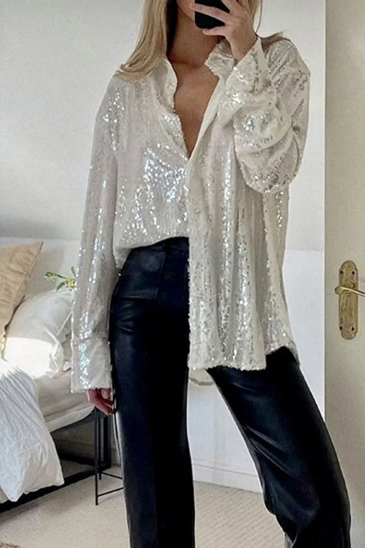 Sequin Button Up Long Sleeve Shirt - LODIMAE FASHION 