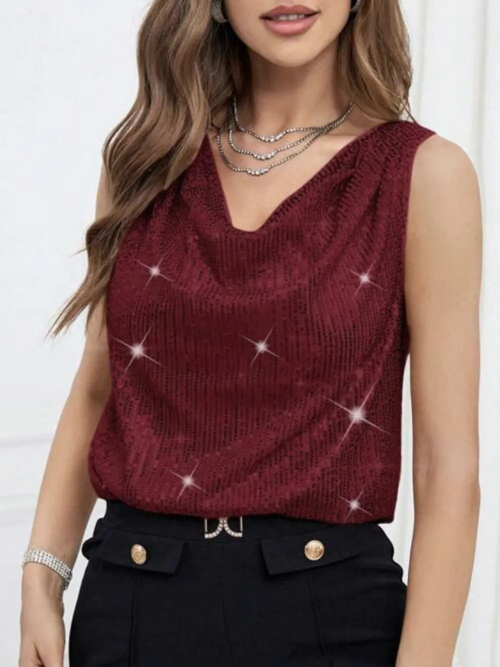 Sequin Cowl Neck Tank - LODIMAE FASHION 