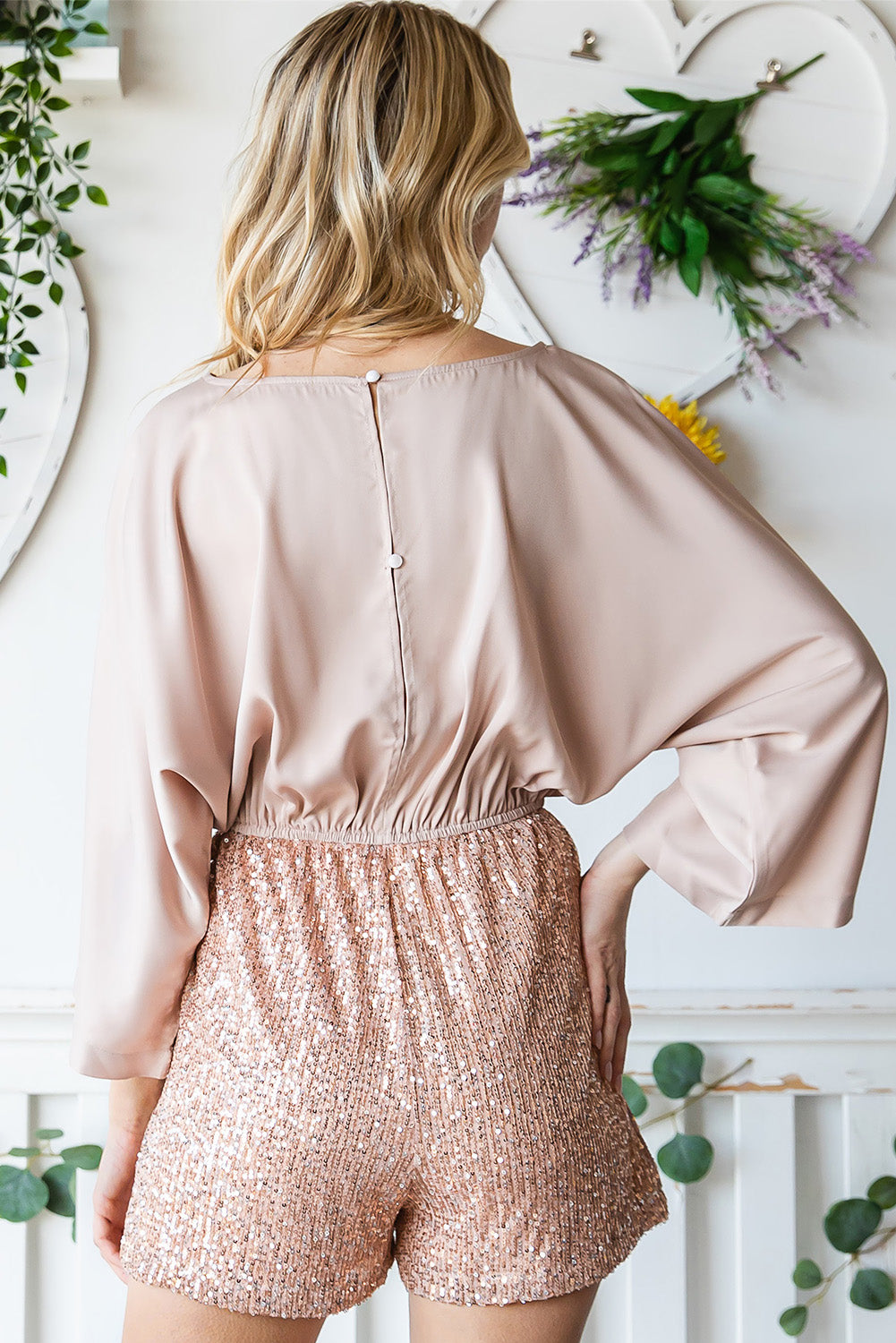 Sequin Drawstring Waist Dolman Sleeve Romper - LODIMAE FASHION 
