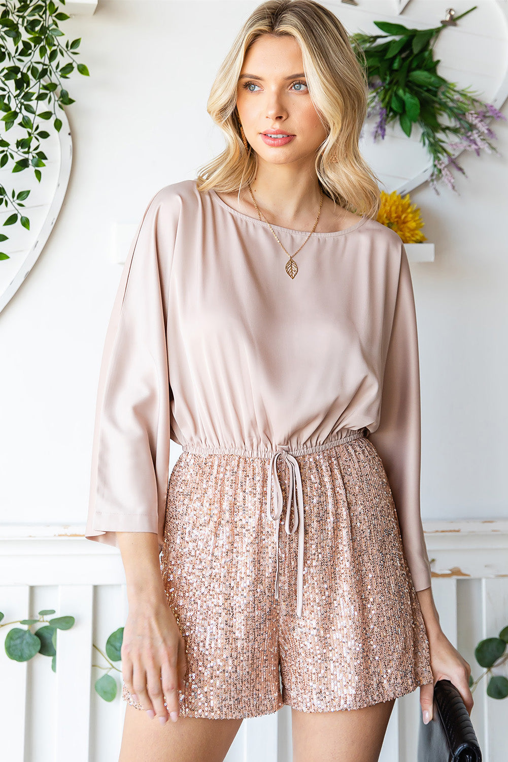 Sequin Drawstring Waist Dolman Sleeve Romper - LODIMAE FASHION 