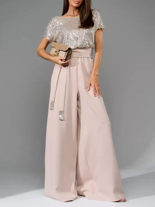 Sequin Round Neck Wide Leg Jumpsuit - LODIMAE FASHION 