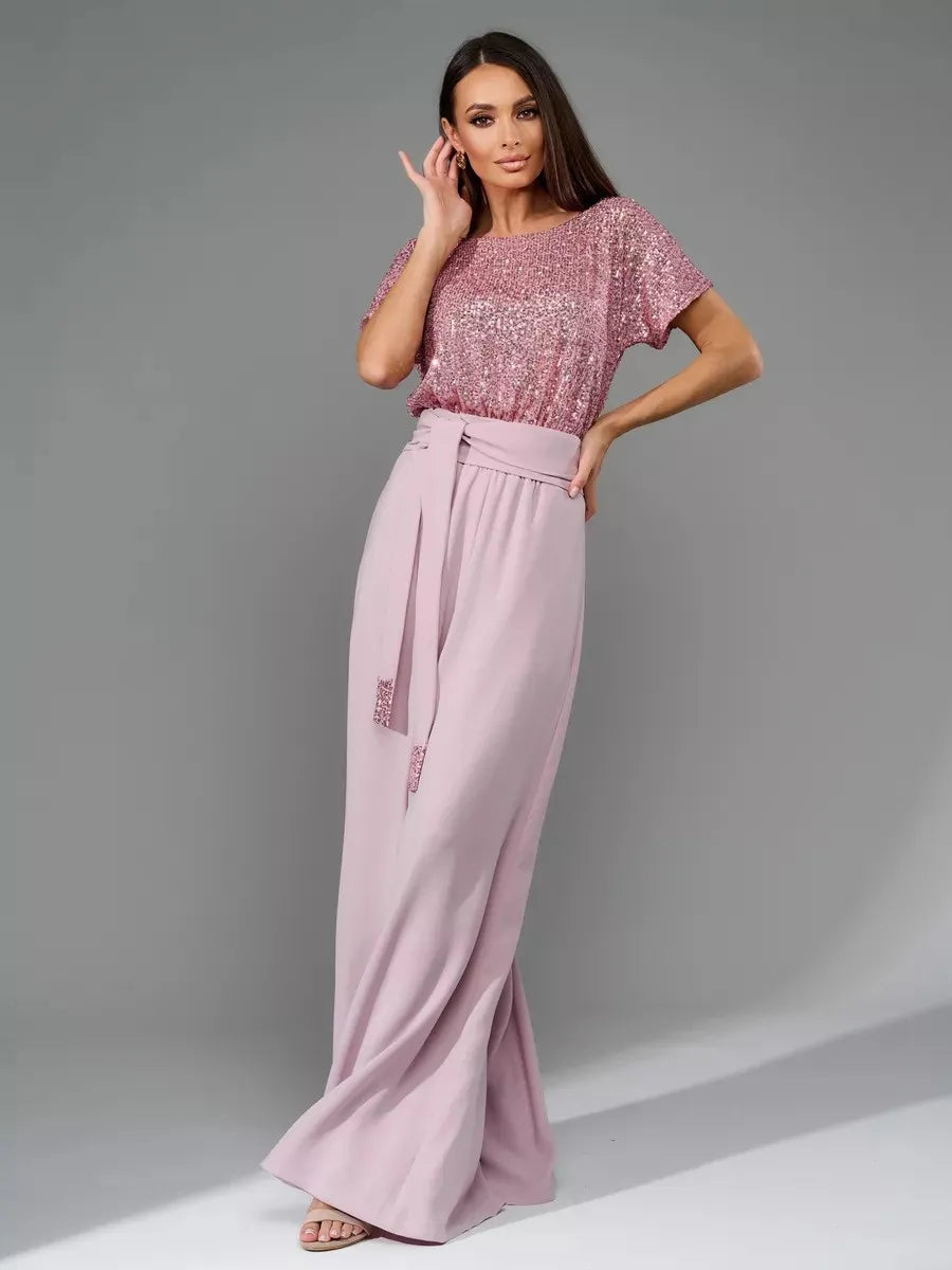 Sequin Round Neck Wide Leg Jumpsuit - LODIMAE FASHION 