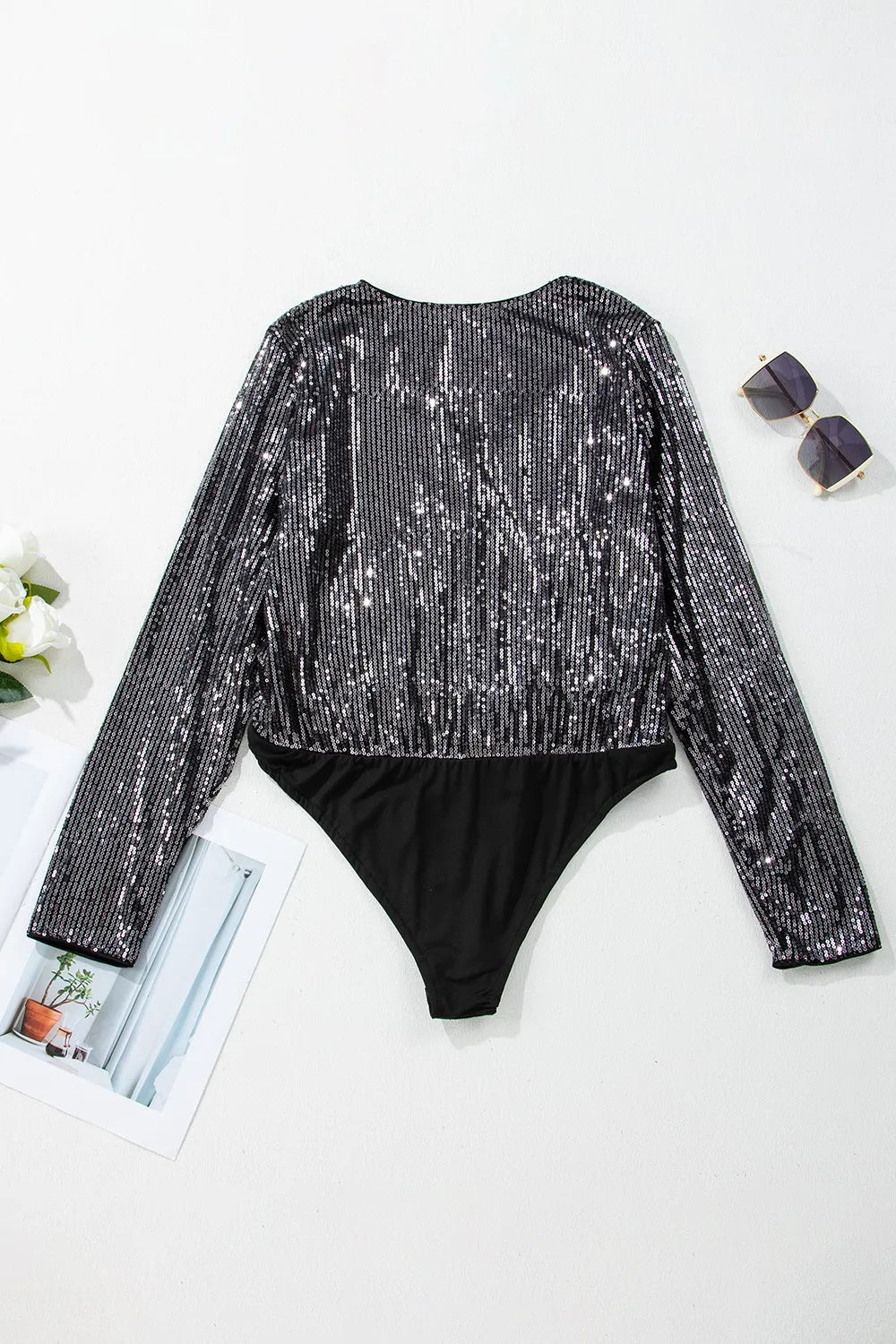 Sequin Surplice Long Sleeve Bodysuit - LODIMAE FASHION 