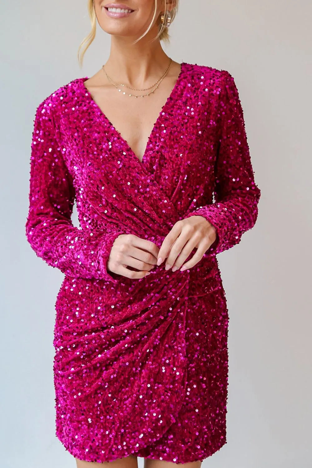 Sequin Surplice Long Sleeve Mini Dress - LODIMAE FASHION 