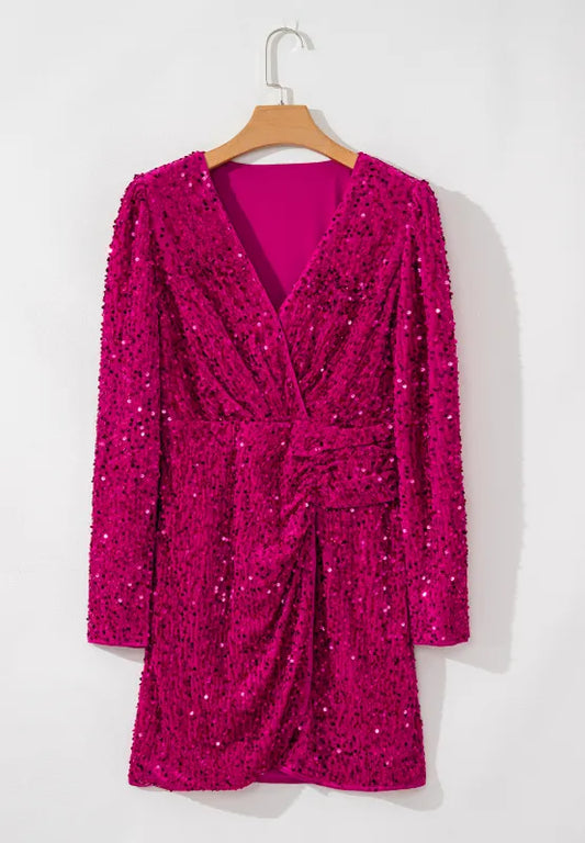 Sequin Surplice Long Sleeve Mini Dress - LODIMAE FASHION 
