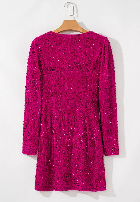 Sequin Surplice Long Sleeve Mini Dress - LODIMAE FASHION 