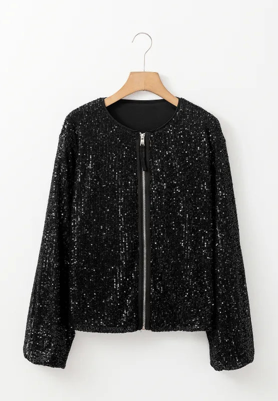 Sequin Zip Up Long Sleeve Jacket - LODIMAE FASHION 