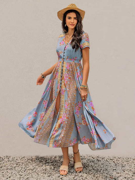 Smocked Floral V-Neck Midi Dress - LODIMAE FASHION 