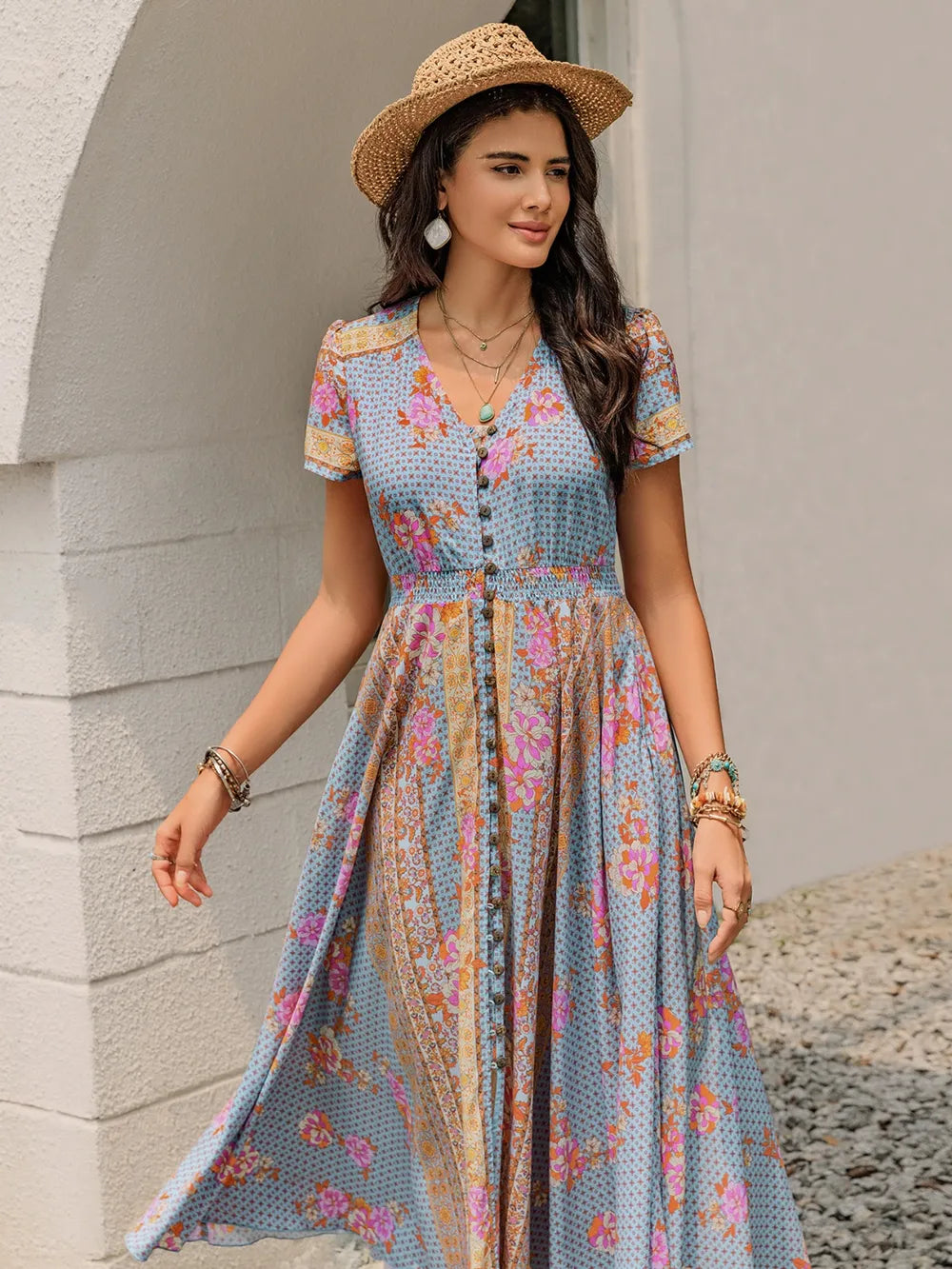 Smocked Floral V-Neck Midi Dress - LODIMAE FASHION 