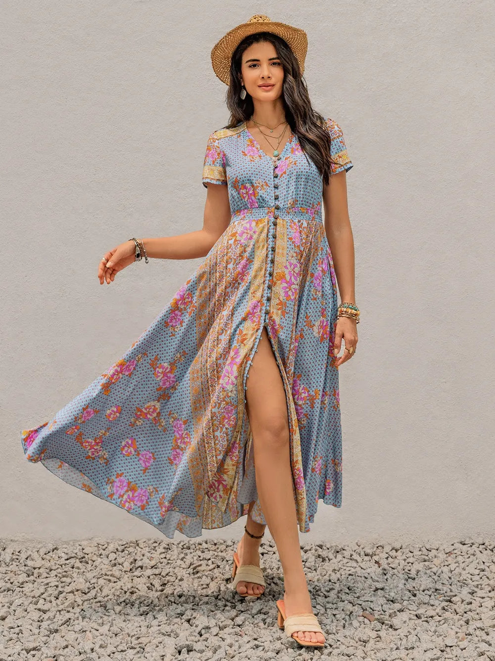 Smocked Floral V-Neck Midi Dress - LODIMAE FASHION 