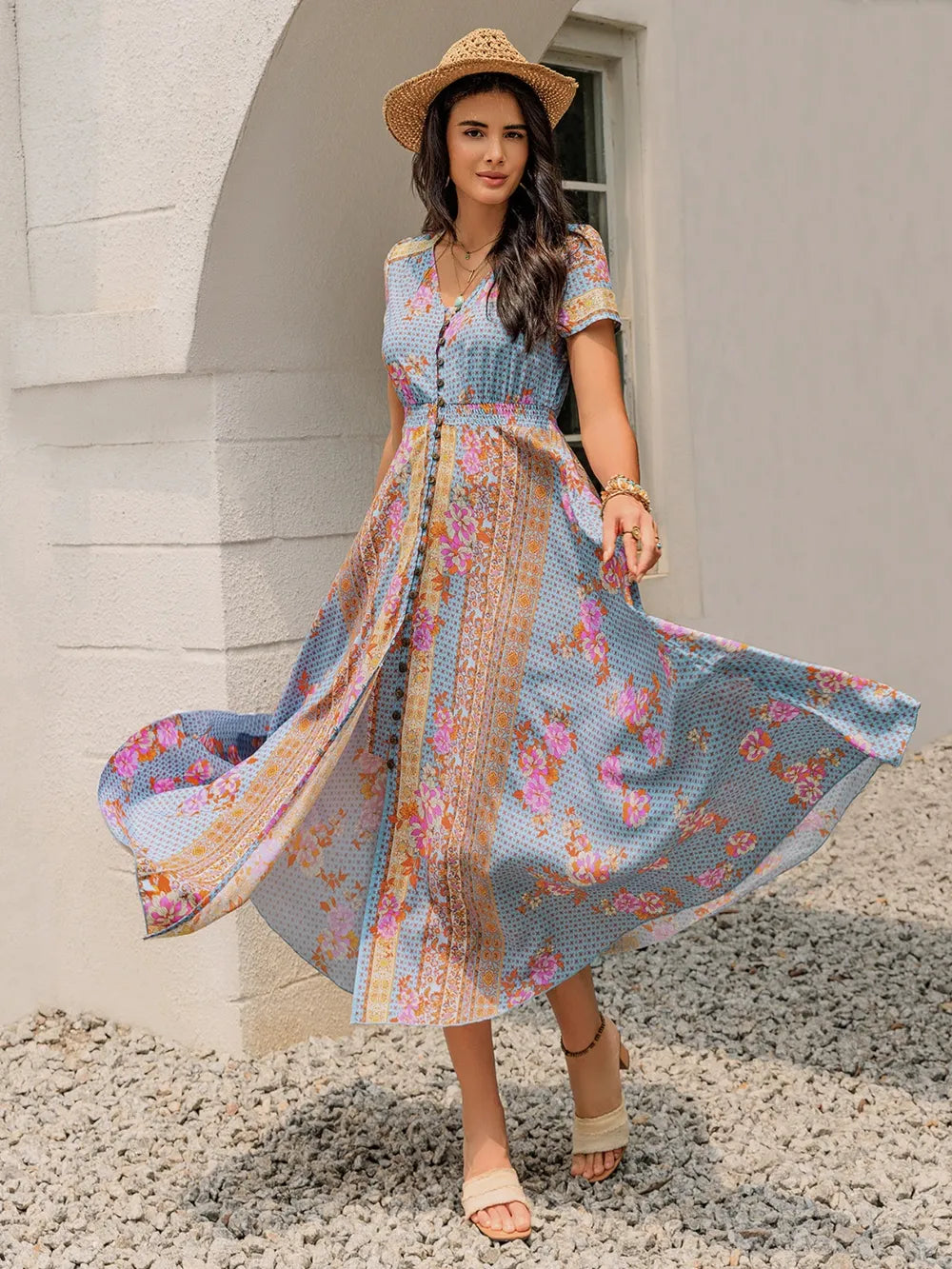 Smocked Floral V-Neck Midi Dress - LODIMAE FASHION 