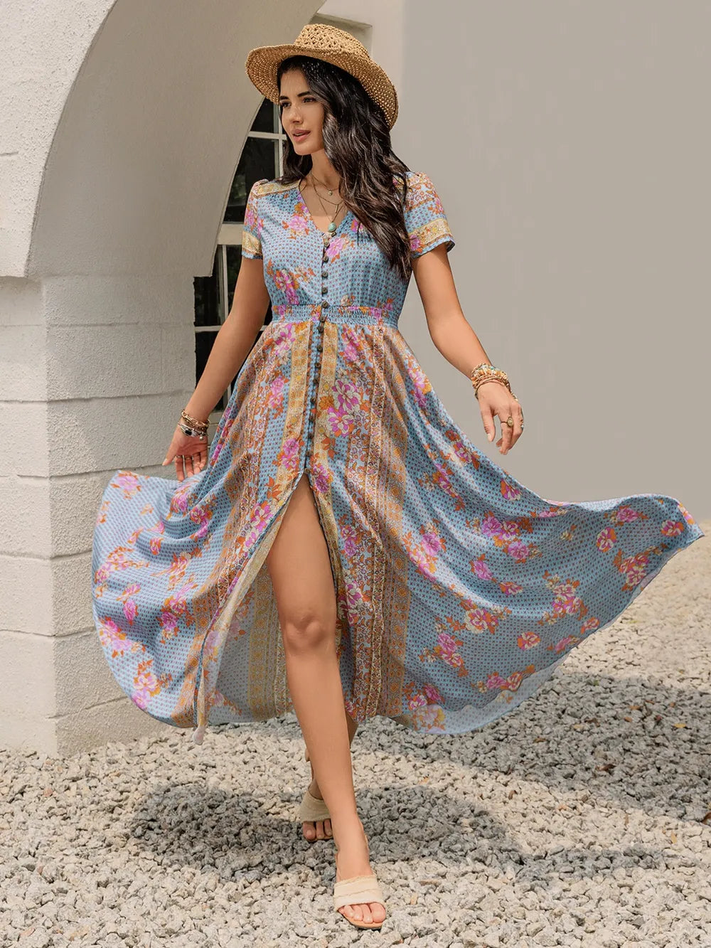 Smocked Floral V-Neck Midi Dress - LODIMAE FASHION 