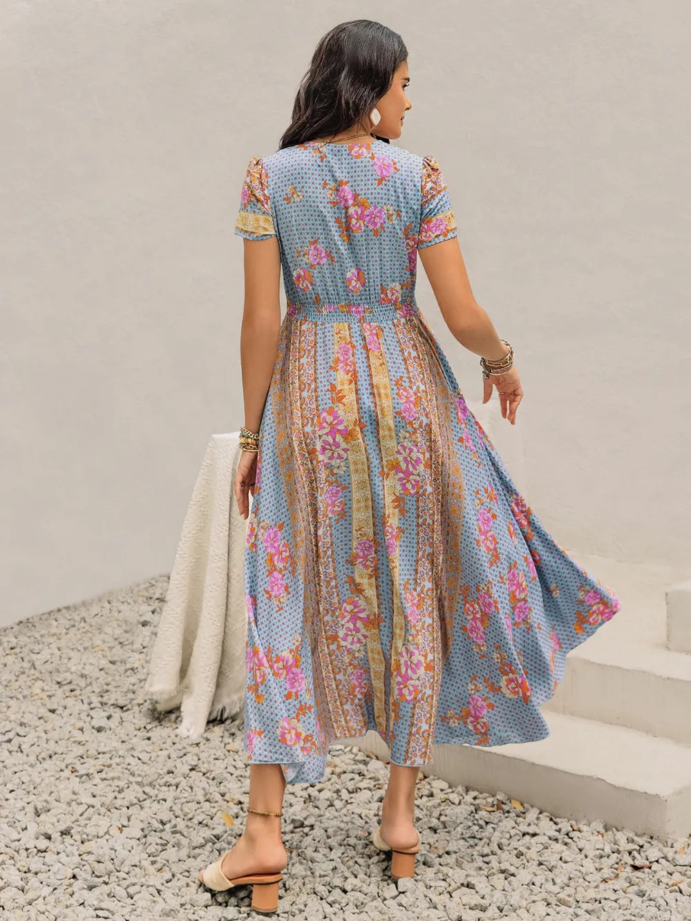 Smocked Floral V-Neck Midi Dress - LODIMAE FASHION 
