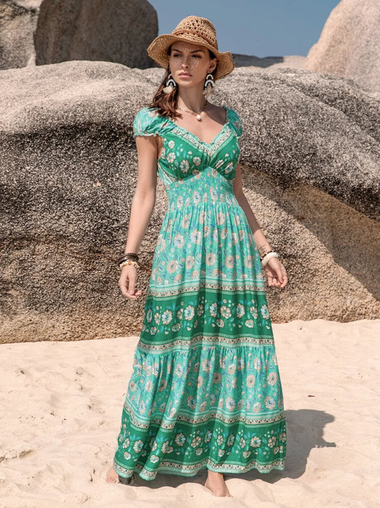 Smocked Printed V-Neck Dress - LODIMAE FASHION 