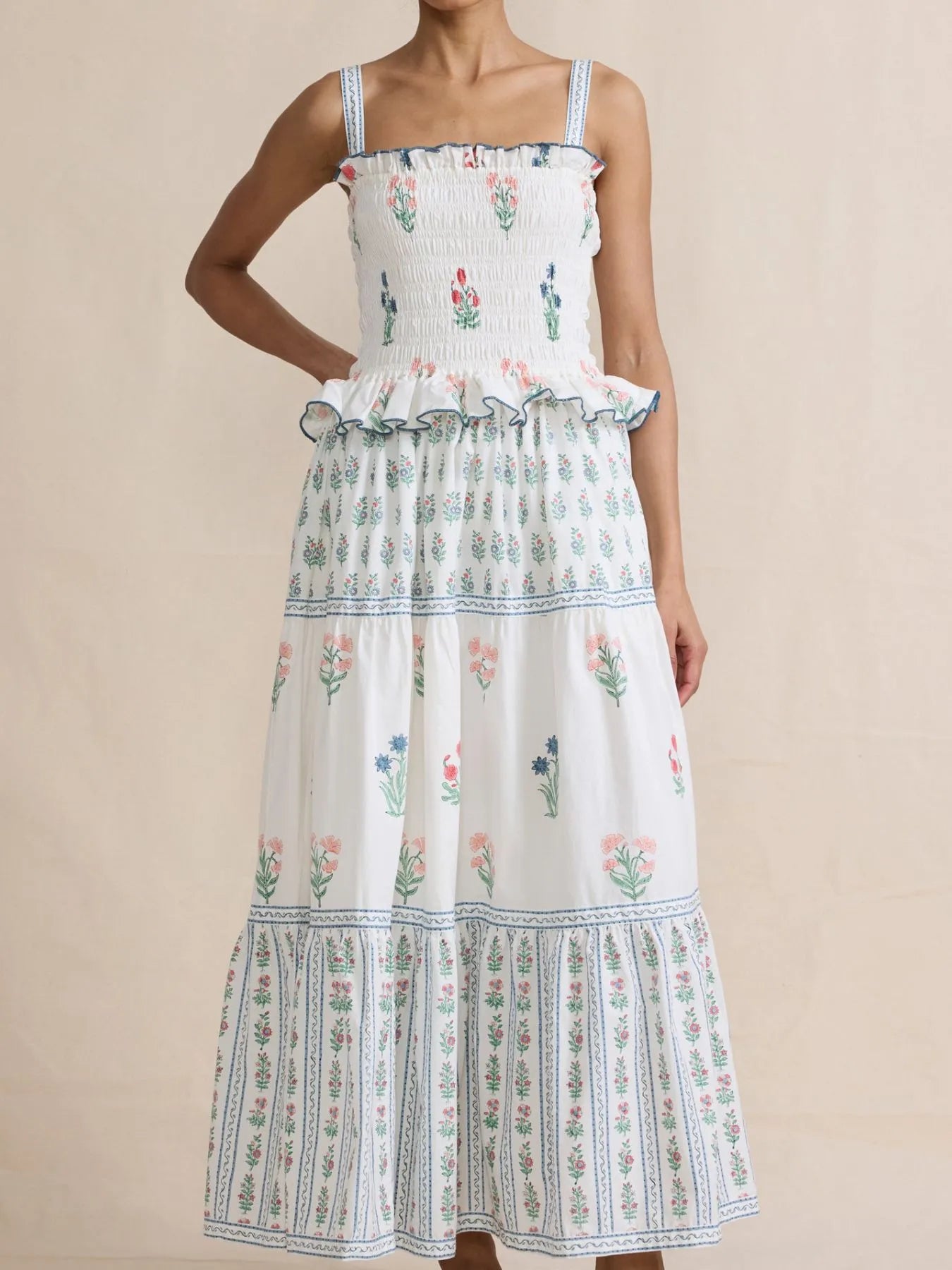 Smocked Ruffled Square Neck Maxi Dress - LODIMAE FASHION 