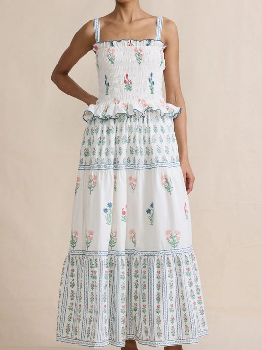 Smocked Ruffled Square Neck Maxi Dress - LODIMAE FASHION 