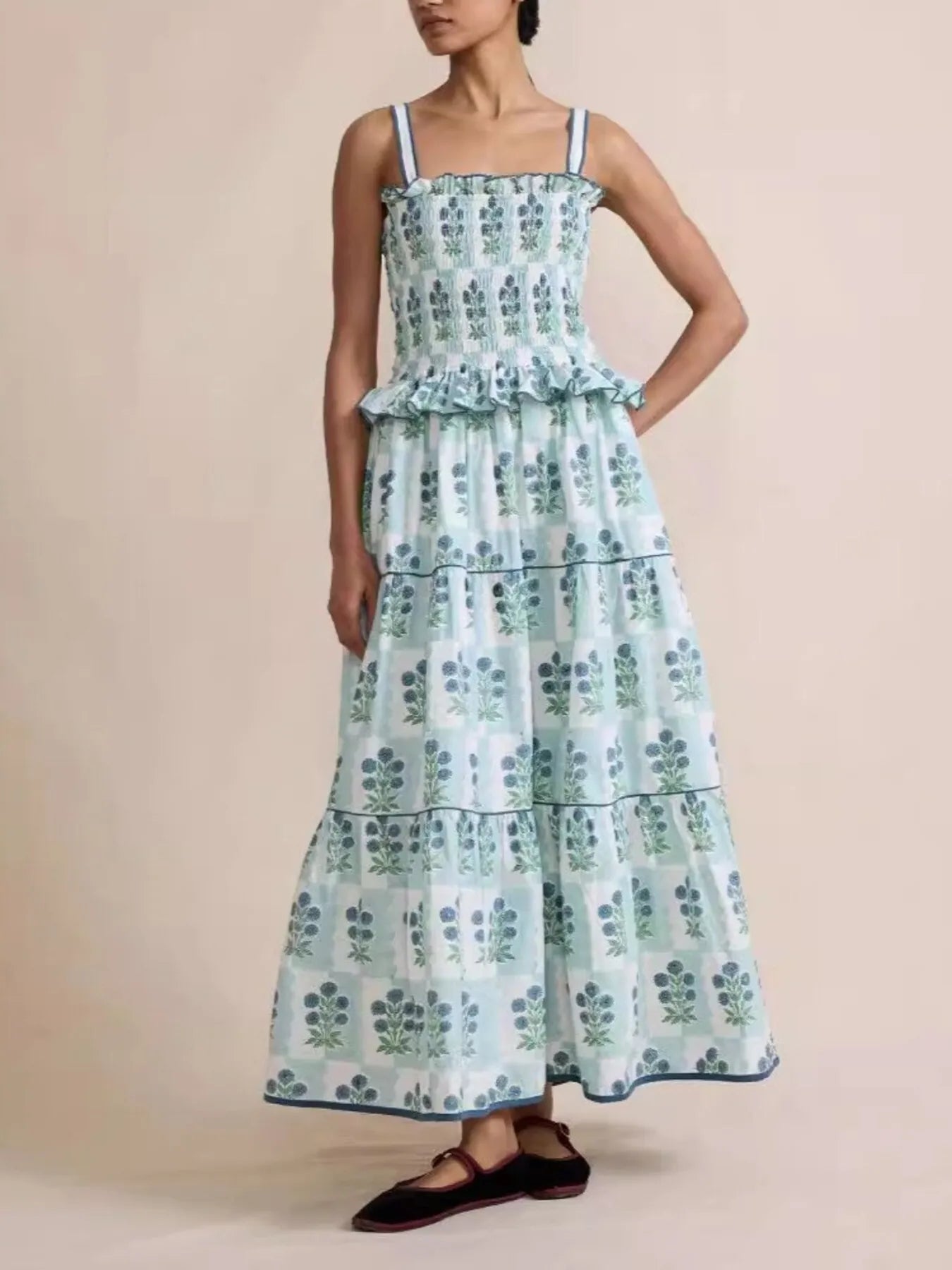 Smocked Ruffled Square Neck Maxi Dress - LODIMAE FASHION 