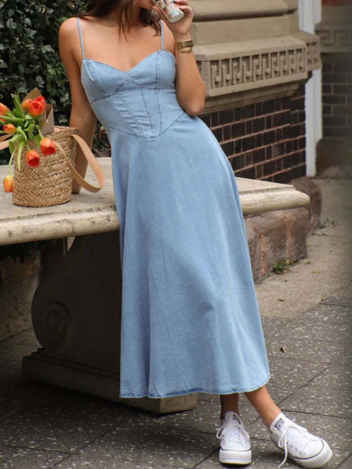 Smocked Sweetheart Neck Midi Cami Dress - LODIMAE FASHION 