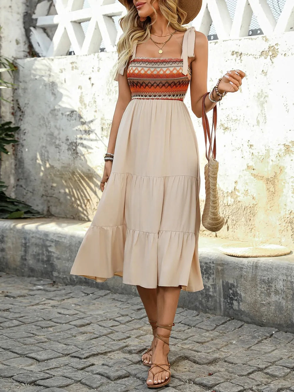 Smocked Tiered Midi Cami Dress – Tied Strap Summer Dress by Perfee - LODIMAE FASHION 