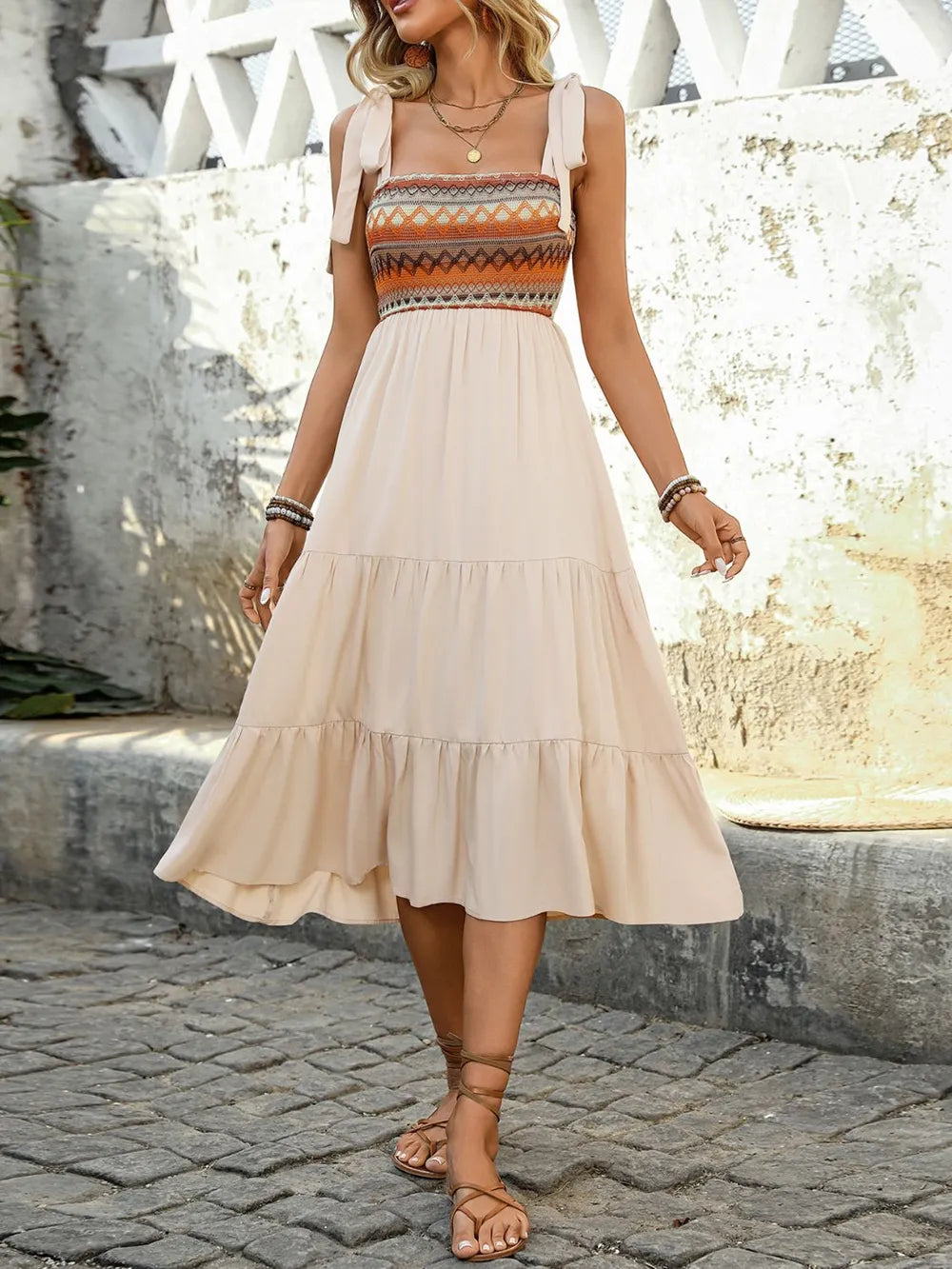 Smocked Tiered Midi Cami Dress – Tied Strap Summer Dress by Perfee - LODIMAE FASHION 