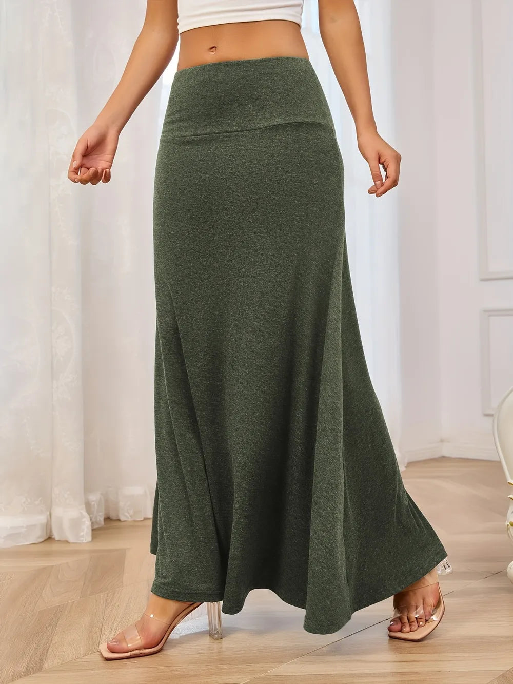 Solid Elastic Waist Maxi Skirt - LODIMAE FASHION 