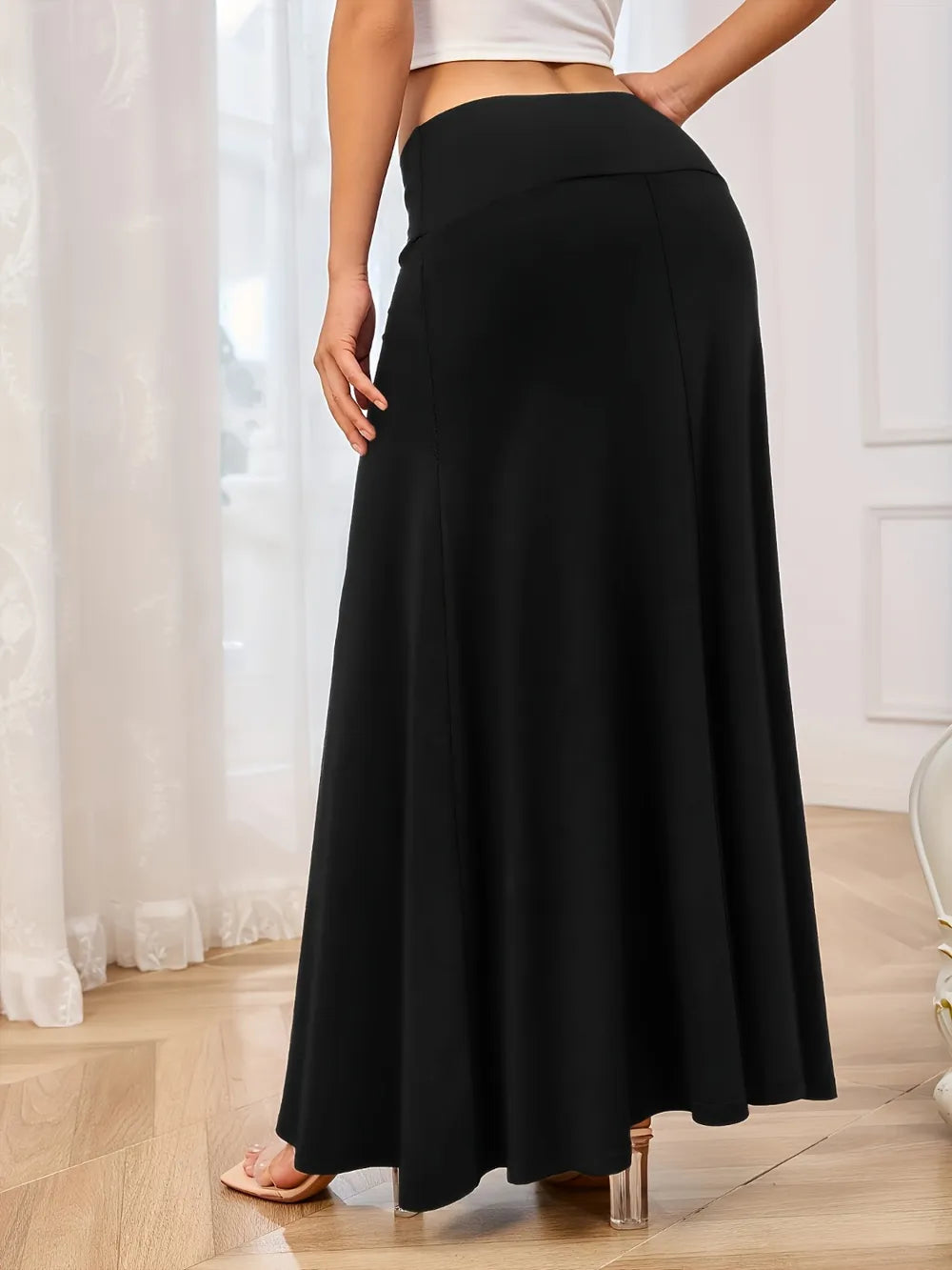 Solid Elastic Waist Maxi Skirt - LODIMAE FASHION 