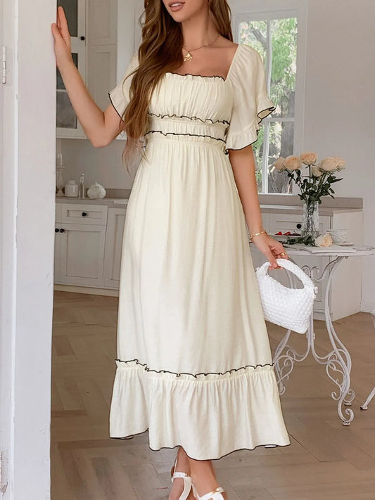 Square Neck Puff Sleeve Ruffle Trim Maxi Dress - LODIMAE FASHION 