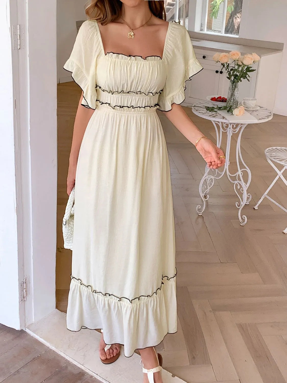 Square Neck Puff Sleeve Ruffle Trim Maxi Dress - LODIMAE FASHION 