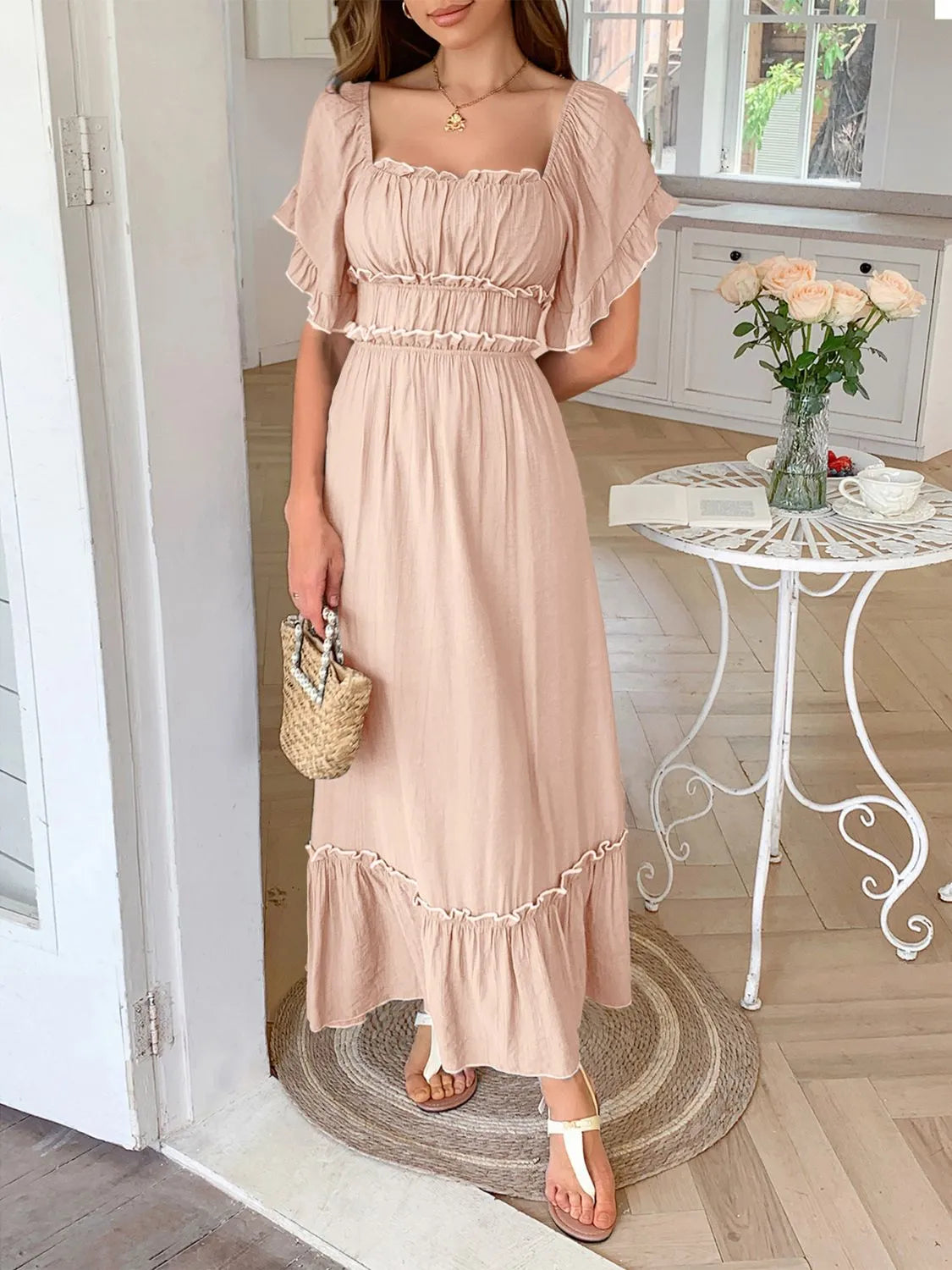 Square Neck Puff Sleeve Ruffle Trim Maxi Dress - LODIMAE FASHION 