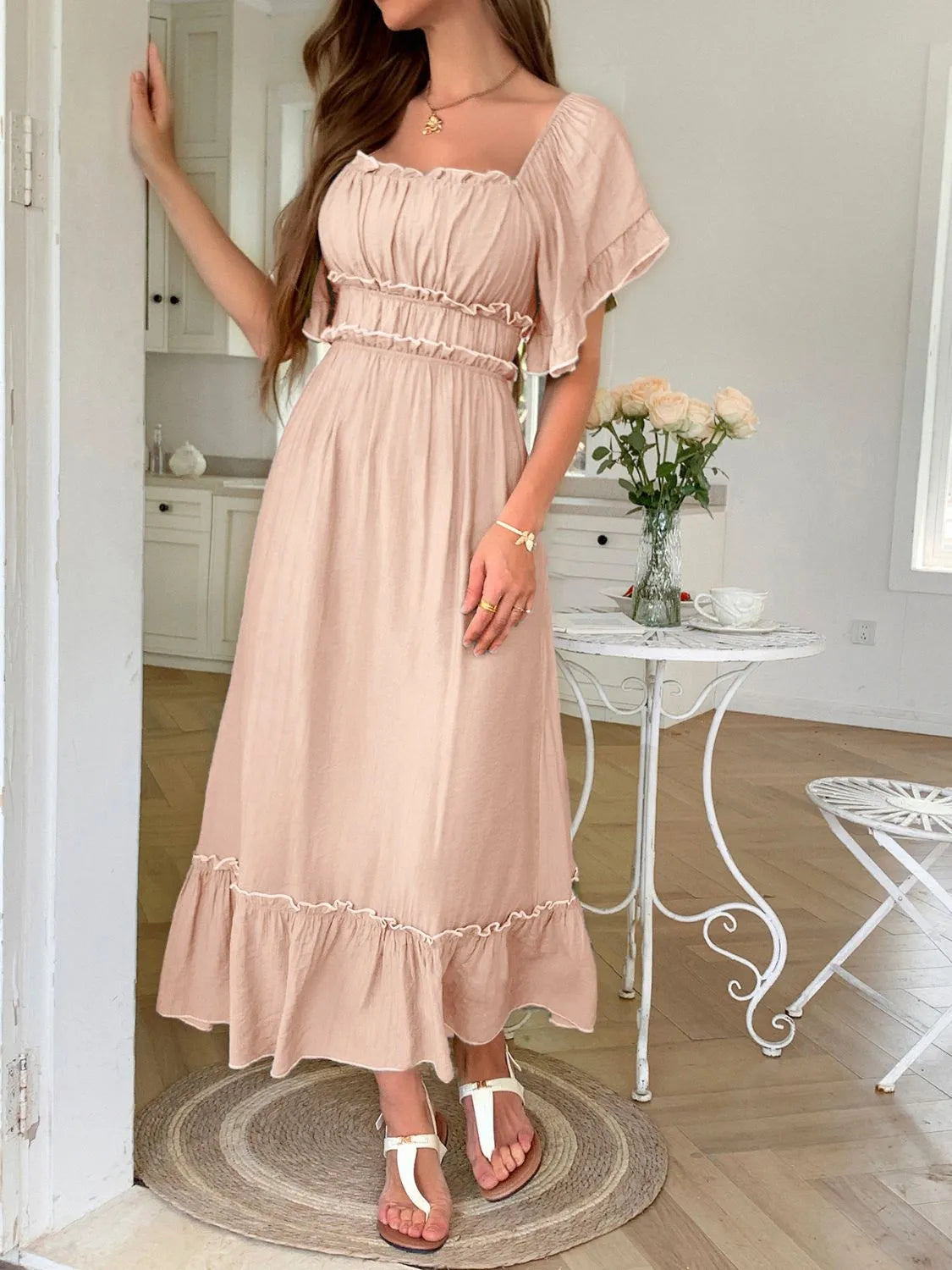 Square Neck Puff Sleeve Ruffle Trim Maxi Dress - LODIMAE FASHION 