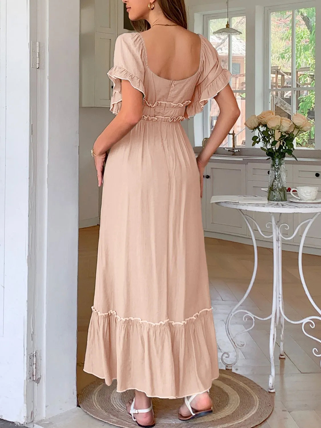 Square Neck Puff Sleeve Ruffle Trim Maxi Dress - LODIMAE FASHION 