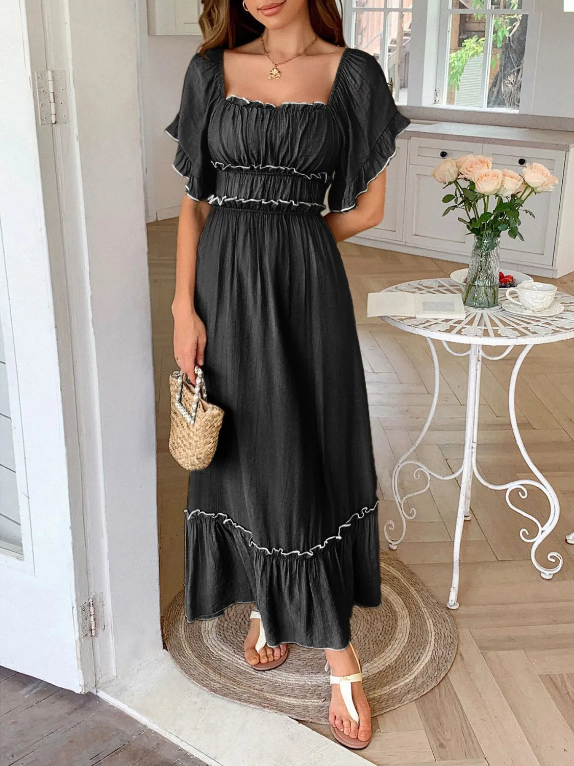 Square Neck Puff Sleeve Ruffle Trim Maxi Dress - LODIMAE FASHION 
