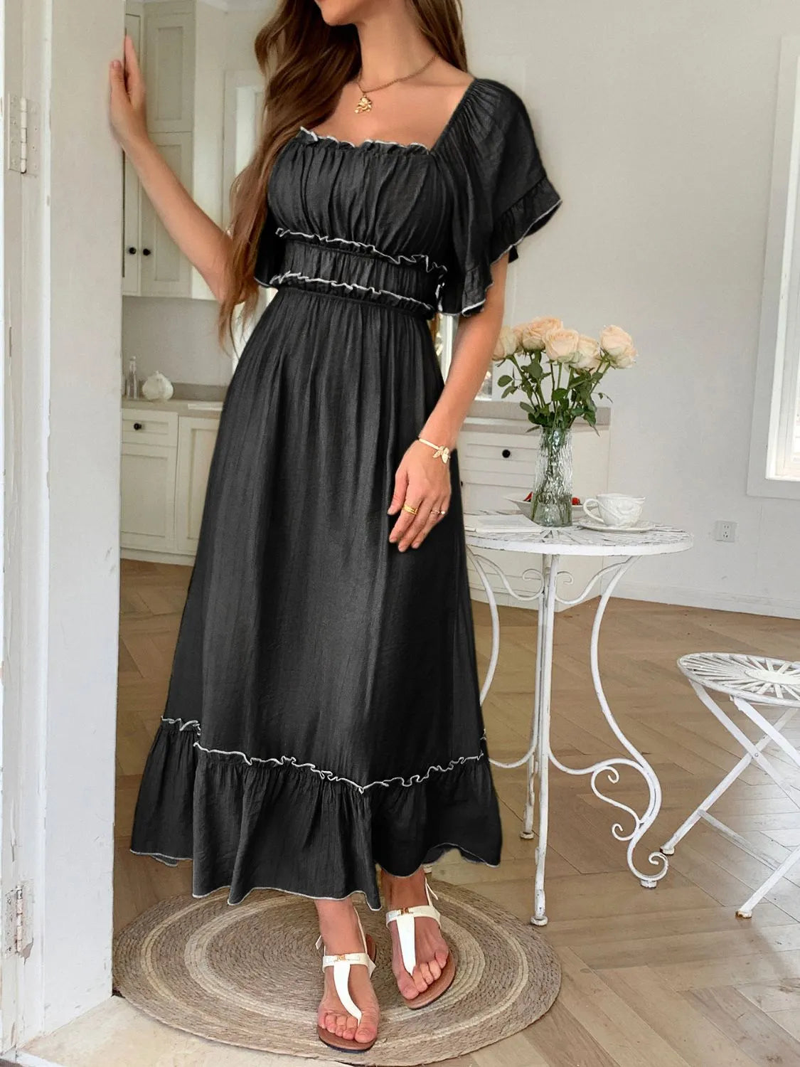 Square Neck Puff Sleeve Ruffle Trim Maxi Dress - LODIMAE FASHION 