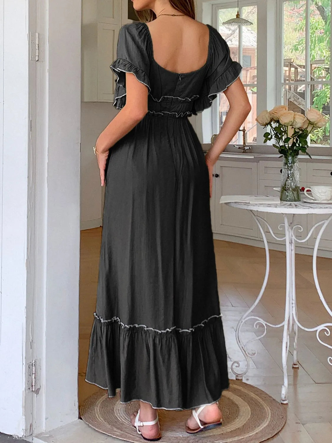Square Neck Puff Sleeve Ruffle Trim Maxi Dress - LODIMAE FASHION 