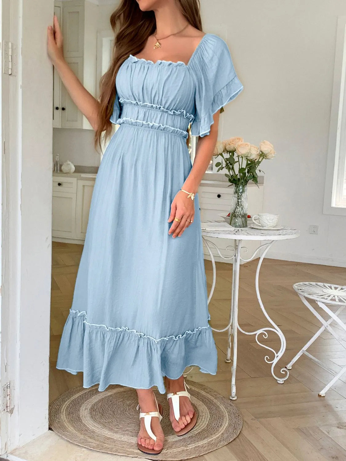 Square Neck Puff Sleeve Ruffle Trim Maxi Dress - LODIMAE FASHION 