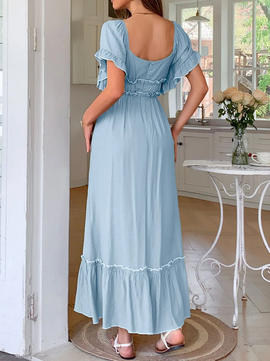 Square Neck Puff Sleeve Ruffle Trim Maxi Dress - LODIMAE FASHION 
