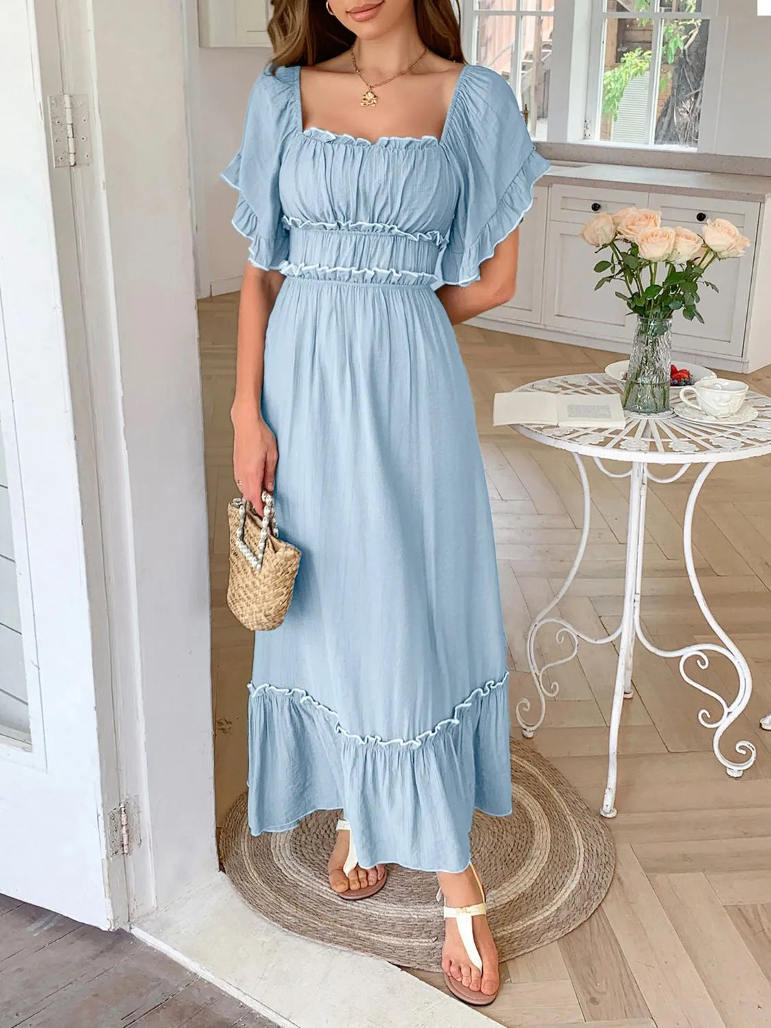 Square Neck Puff Sleeve Ruffle Trim Maxi Dress - LODIMAE FASHION 