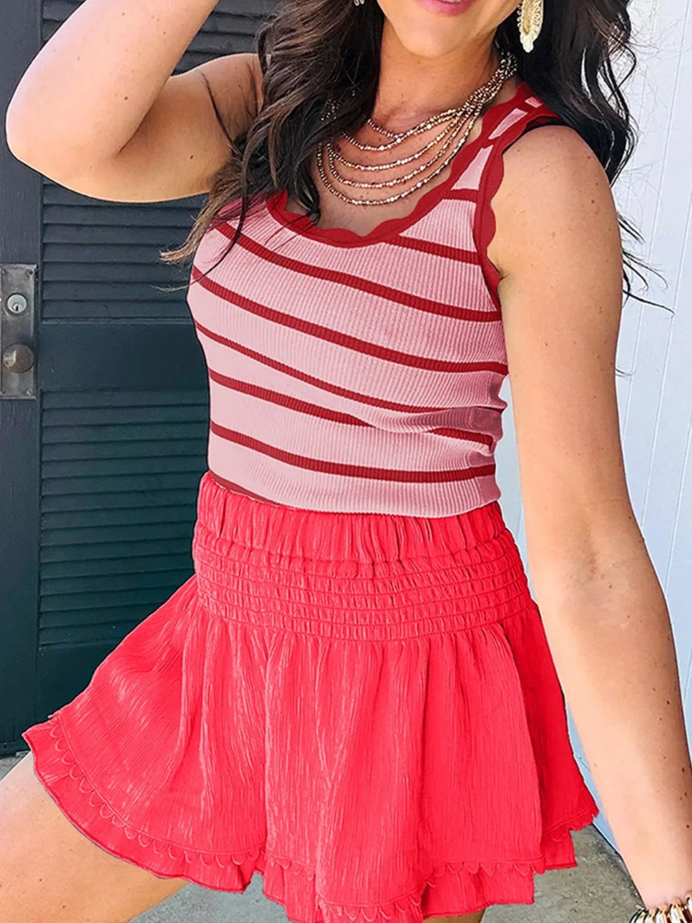 Stripe Scalloped Edge Crew Neck Knit Tank Top - LODIMAE FASHION 