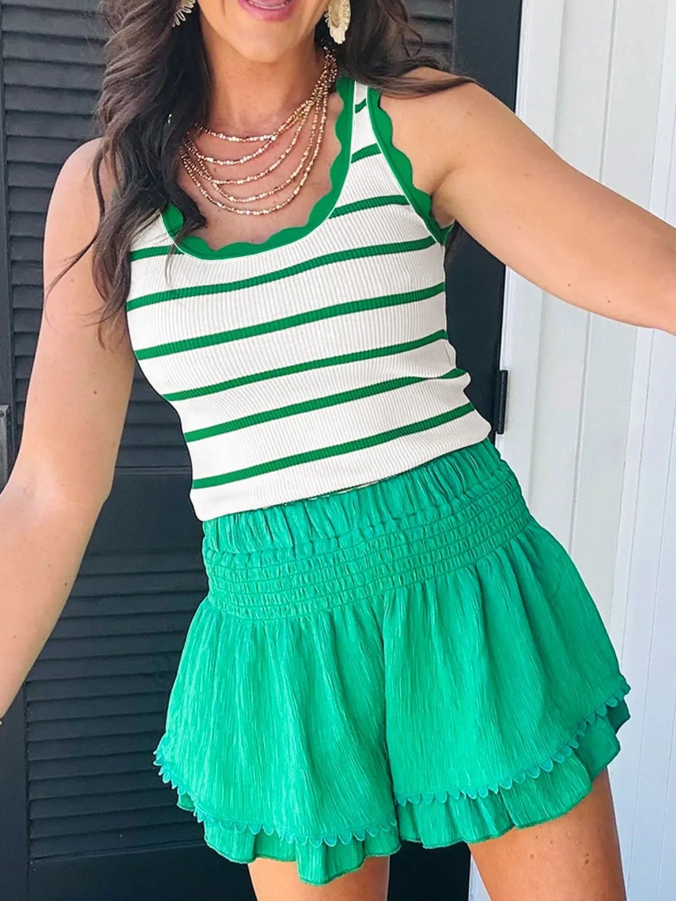 Stripe Scalloped Edge Crew Neck Knit Tank Top - LODIMAE FASHION 
