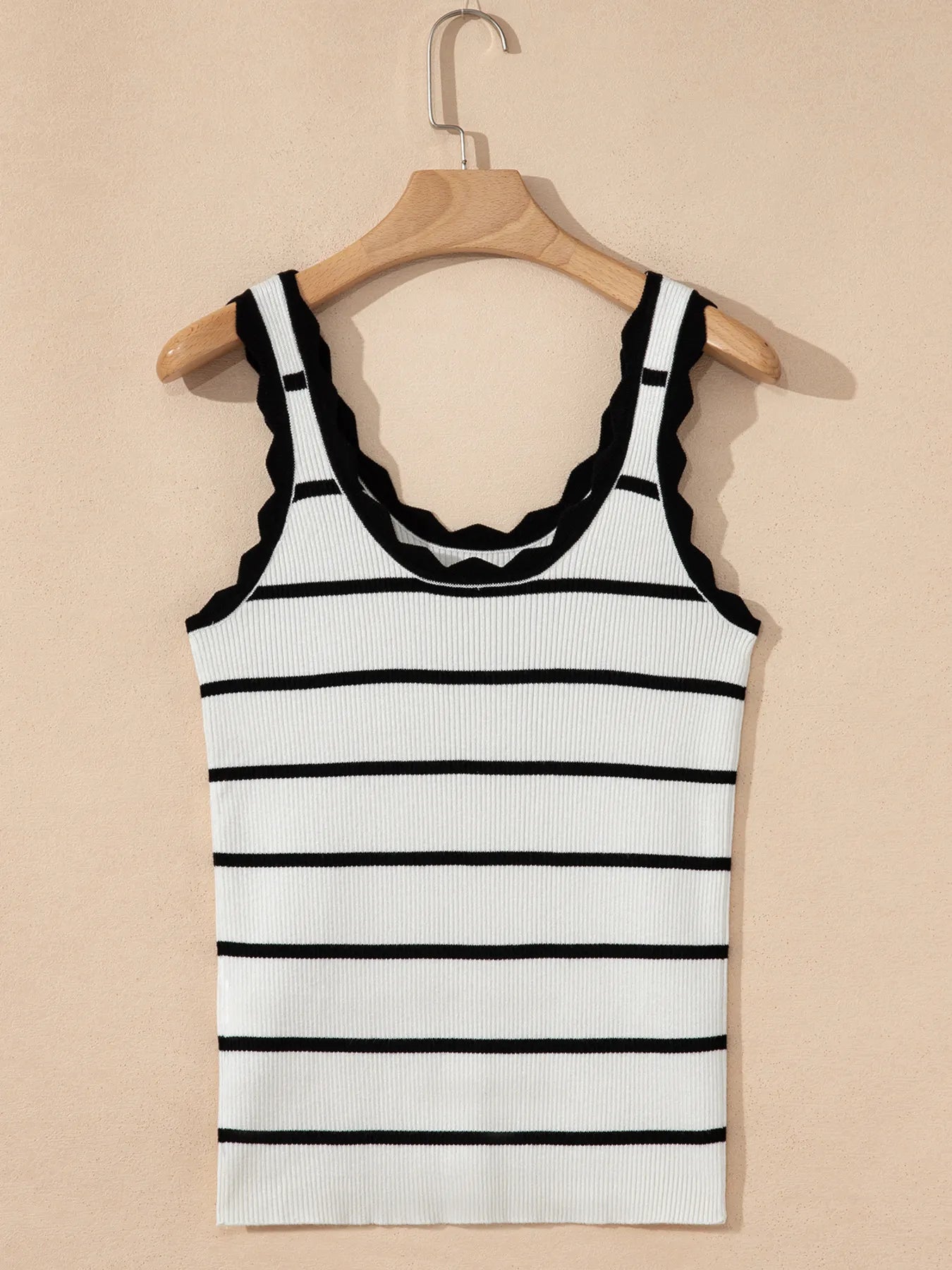 Stripe Scalloped Edge Crew Neck Knit Tank Top - LODIMAE FASHION 