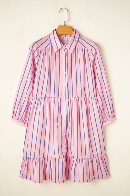 Striped Collared Neck Long Sleeve Mini Shirt Dress - LODIMAE FASHION 