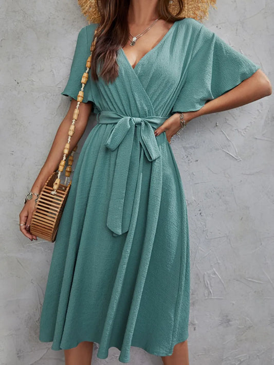 Surplice Flutter Sleeve Midi Dress - LODIMAE FASHION 